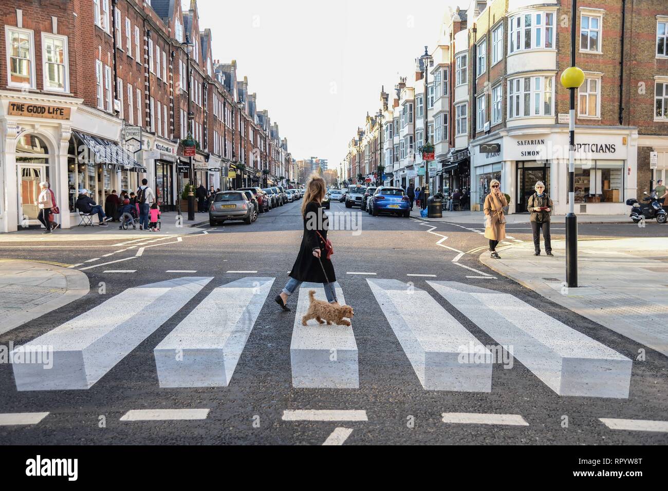 London, UK. 23rd  Feb, 2019. Westminster City Council have installed a 3D Zebra crossing on St John's Wood high street in a bid to slow drivers down and improve pedestrians’ safety. Credit: Claire Doherty/Alamy Live News Stock Photo