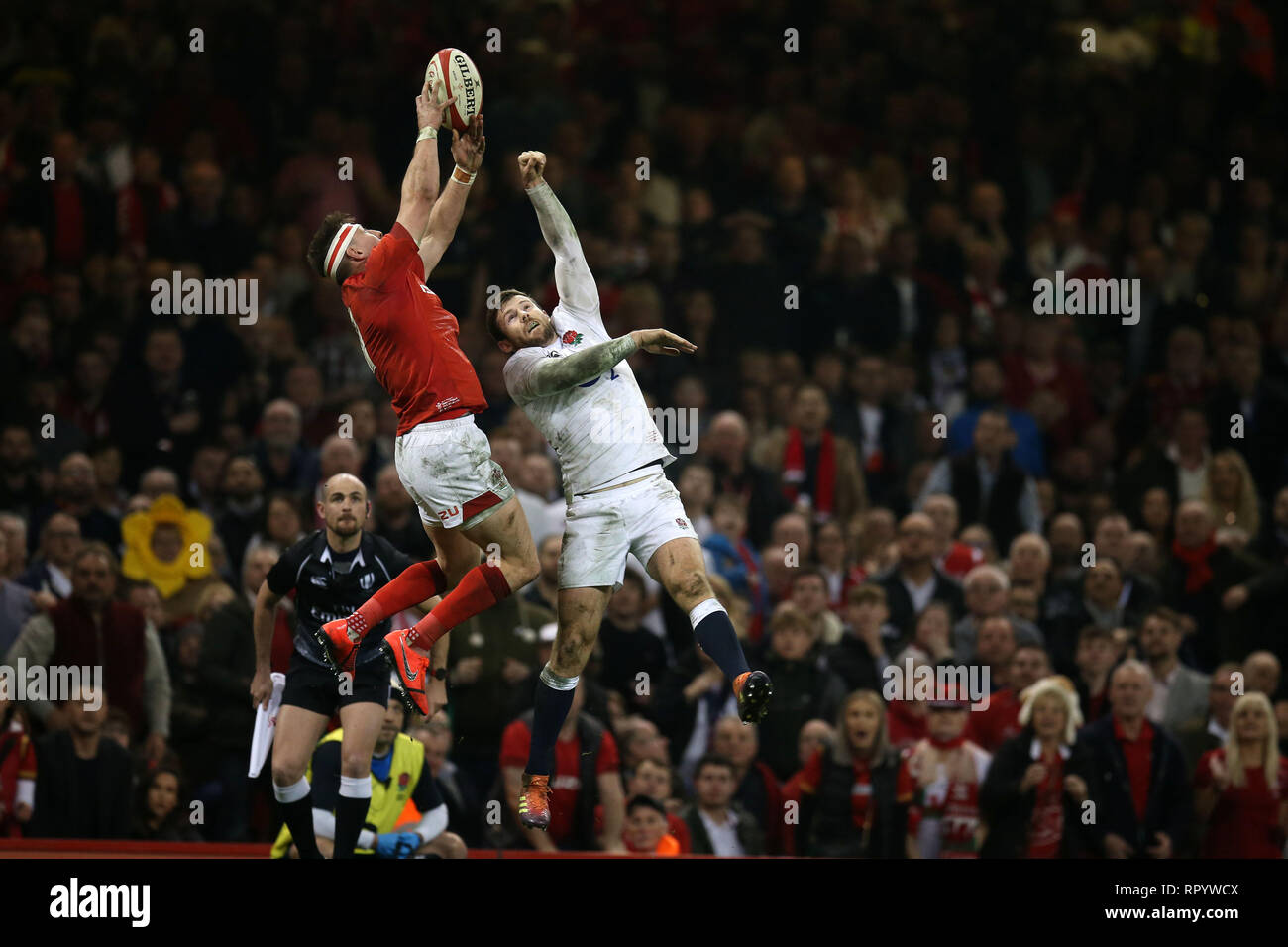 Cardiff Uk 23rd Feb 2019 Josh Adams Of Wales Jumps And Gets The Ball Ahead Of Elliot Daly Of England To Go On And Score His Teams Final Try Wales V England