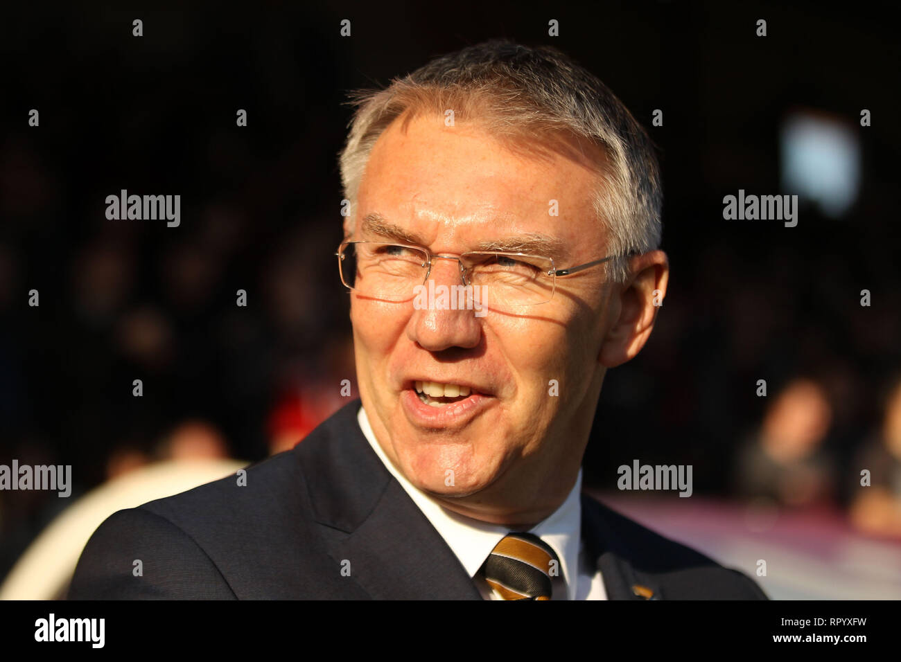 London, UK. 23rd Feb, 2019. Hull City Manager Nigel Adkins looks on. EFL Skybet championship match, Brentford v Hull City at Griffin Park on Saturday 23rd February 2019 . this image may only be used for Editorial purposes. Editorial use only, license required for commercial use. No use in betting, games or a single club/league/player publications. pic by Steffan Bowen/Andrew Orchard sports photography/Alamy Live news Credit: Andrew Orchard sports photography/Alamy Live News Stock Photo