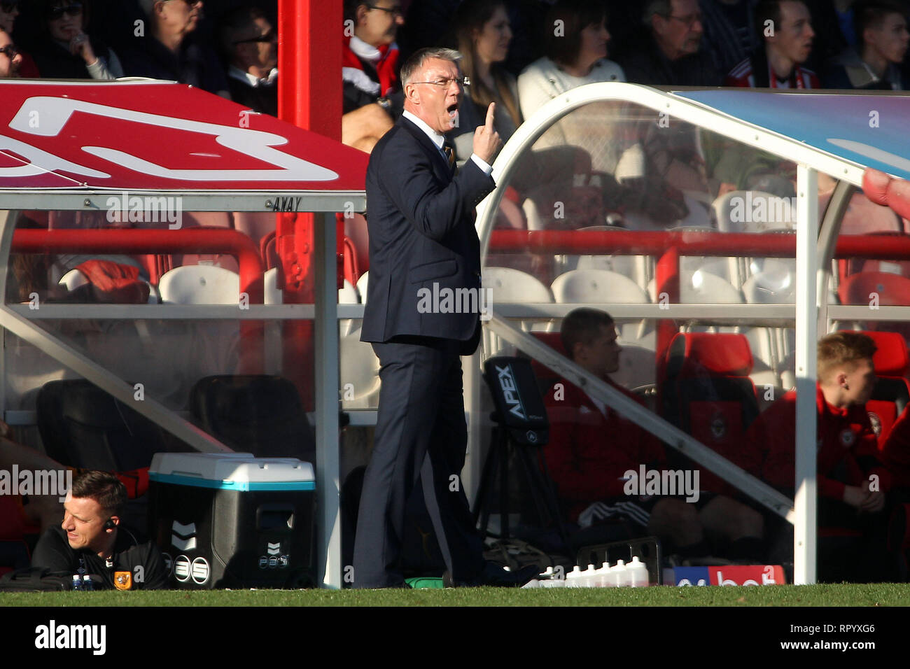 London, UK. 23rd Feb, 2019. Hull City Manager Nigel Adkins looks on from the touchline. EFL Skybet championship match, Brentford v Hull City at Griffin Park on Saturday 23rd February 2019 . this image may only be used for Editorial purposes. Editorial use only, license required for commercial use. No use in betting, games or a single club/league/player publications. pic by Steffan Bowen/Andrew Orchard sports photography/Alamy Live news Credit: Andrew Orchard sports photography/Alamy Live News Stock Photo