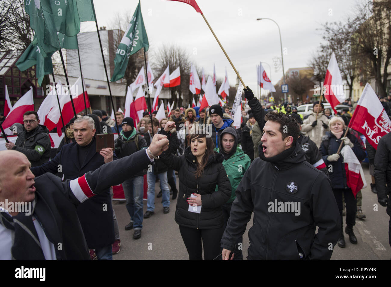 Hajnowka, Poldlaskie, Poland. 23rd Feb, 2019. Piotr Rybak a famous Polish nationalist is shouting some nationalist slogans during the march.Polish nationalists organized a commemorative march of the 'Cursed Soldiers'' in the city of Hajnowka next to the Belarusian border. The Cursed Soldiers also known as the Doomed Soldiers were anti-communist resistant fighters after WWII, however they were also famous of committing crimes against civilians, mostly ethnic Belarusians. Credit: Attila Husejnow/SOPA Images/ZUMA Wire/Alamy Live News Stock Photo