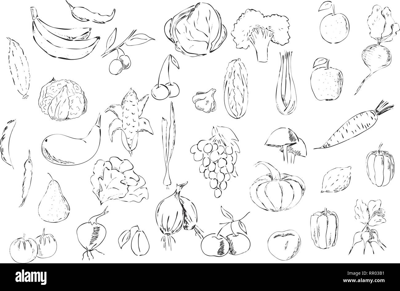A large set of fruits and vegetables black on a white background, natural products Stock Vector