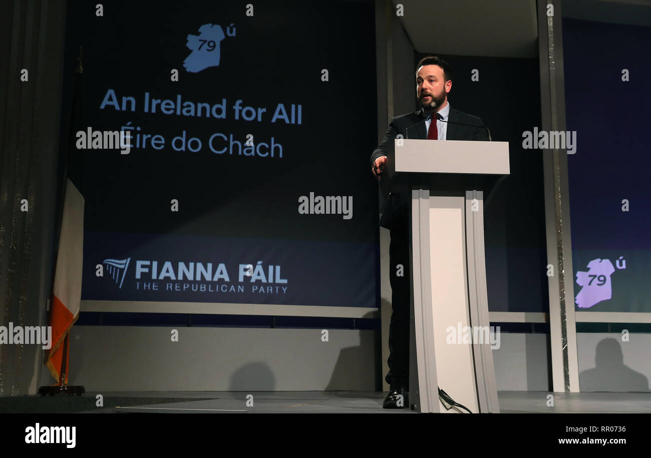 SDLP leader Colum Eastwood (centre) speaking at the Fianna Fail annual conference at the Citywest Hotel in Dublin. Stock Photo