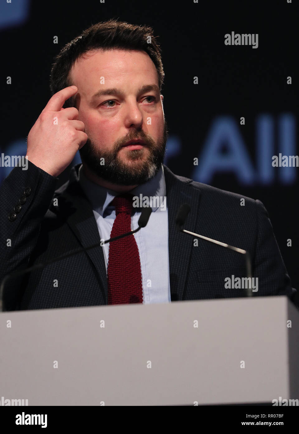 SDLP leader Colum Eastwood (centre) speaking at the Fianna Fail annual conference at the Citywest Hotel in Dublin. Stock Photo