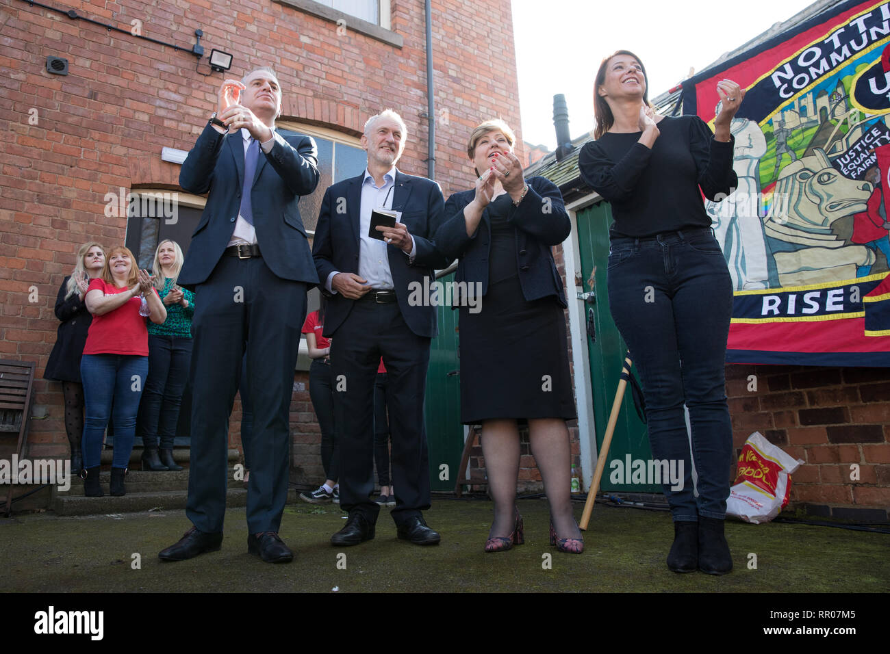 (left to right) Prospective Parliamentary Candidate for Broxtowe, Greg Marshall, Labour Party leader Jeremy Corbyn, shadow foreign secretary Emily Thornberry and Labour MP Gloria De Piero , at a rally at Voluntary Action in Beeston, which falls in Independent MP Anna Soubry's constituency of Broxtowe. Stock Photo