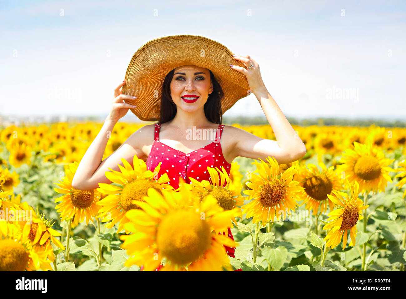 Pretty brunette woman wearing the big hat in sunflower field Stock ...