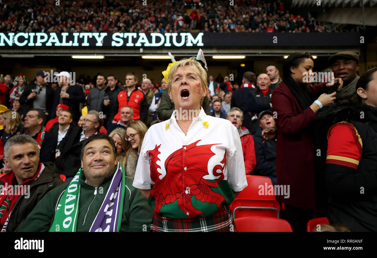 A fan of Wales shows her support in the stands before the Guinness Six ...