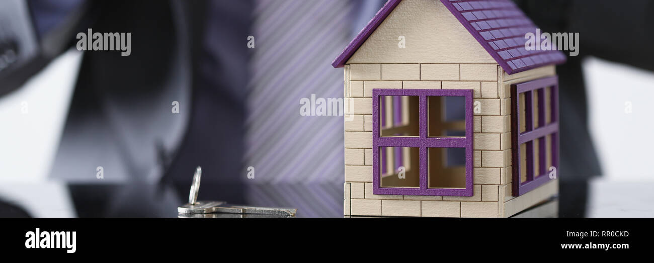 Man in suit and tie and silver key and little Stock Photo Alamy