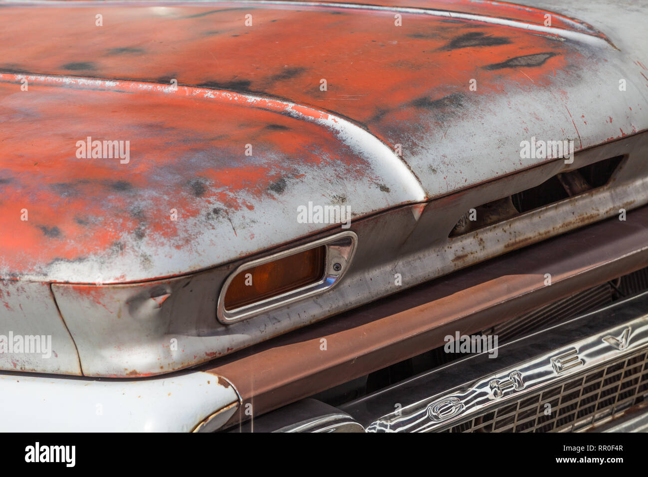 Abstract image of the hood of an old Chevrolet pick-up truck Stock Photo
