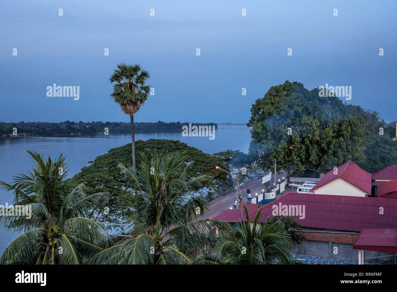 Stung Treng city at the Mekong River in Laos. The border with Cambodia ...