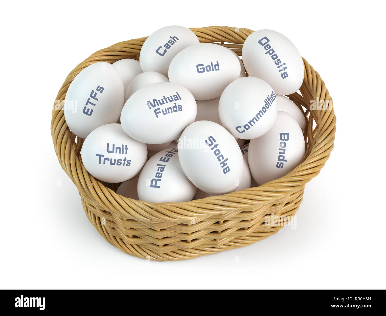 Asset allocation, investment divesifacation and put all eggs in one basket  concept. Basket and eggs with different financial investment products. 3d  Stock Photo - Alamy