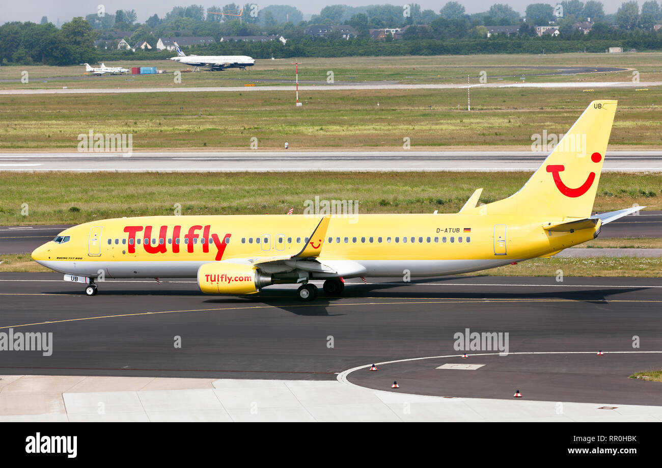 The Boeing 737-800 of German airline TUIfly part of the largest travel company TUI before takeoff in the International airoprt of Dusseldorf city Stock Photo