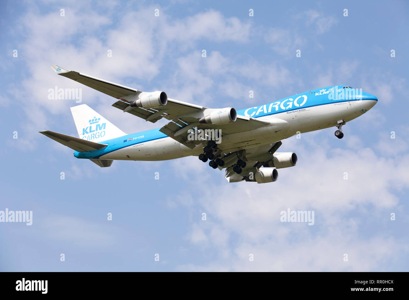 View of Boeing 747-406F/ER/SCD cargo aircraft in flight from KLM-Royal Dutch Airlines Cargo company Stock Photo