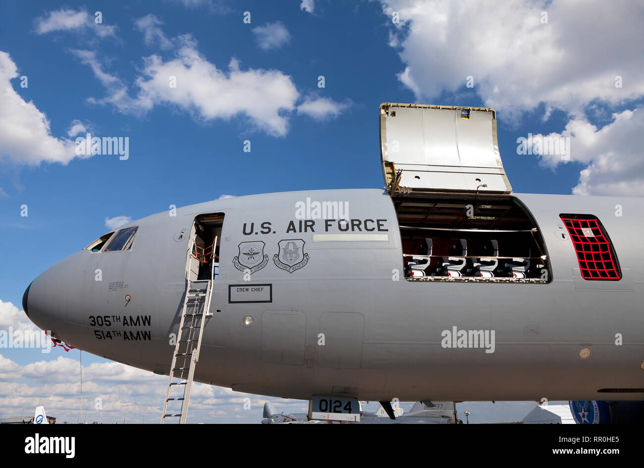 View of a cabin of american strategic tanker aircraft McDonnell Douglas KC-10 Extender at the air show MAKS-2011, Zhukovsky, Russia Stock Photo