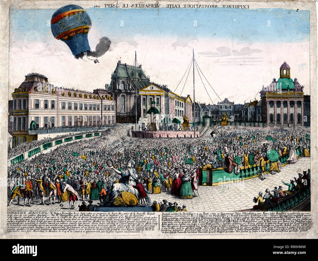 Vue d'optique shows the balloon launched by the Montgolfier brothers ascending from the Palace of Versailles, France, before the royal family, September 19, 1783. Stock Photo