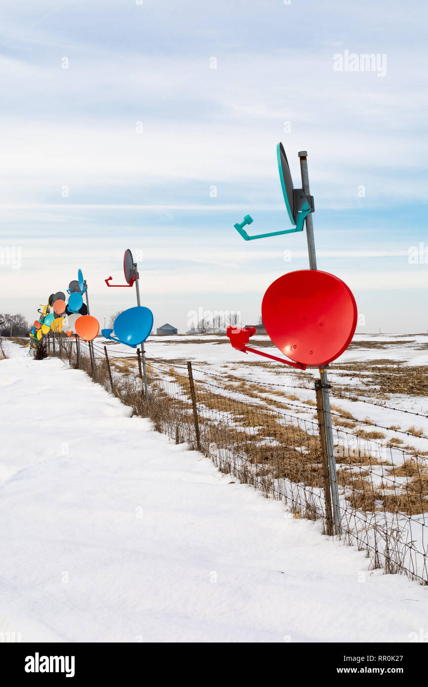 Colorful satellite dishes on the side of Interstate 80 near Princeton, Illinois, USA. Stock Photo
