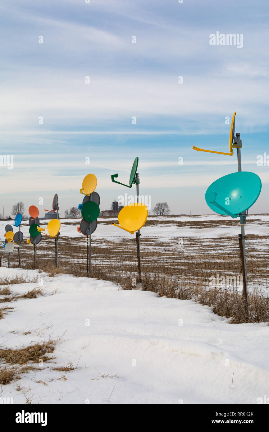 Colorful satellite dishes on the side of Interstate 80 near Princeton, Illinois, USA. Stock Photo