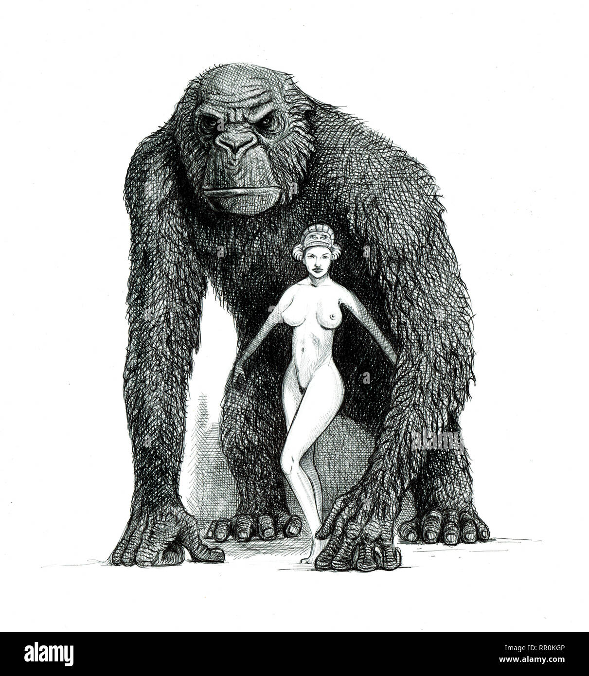 Big ape with girl illustration. Gorilla Ape drawing. Stock Photo