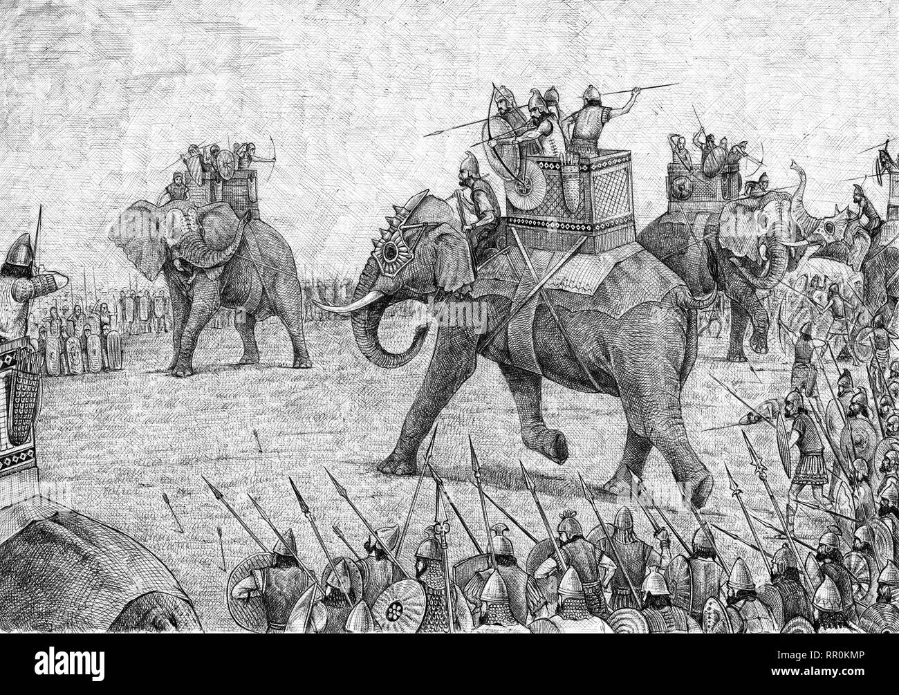 War elephant illustration, army of Carthage. Ancient battle drawing. Stock Photo