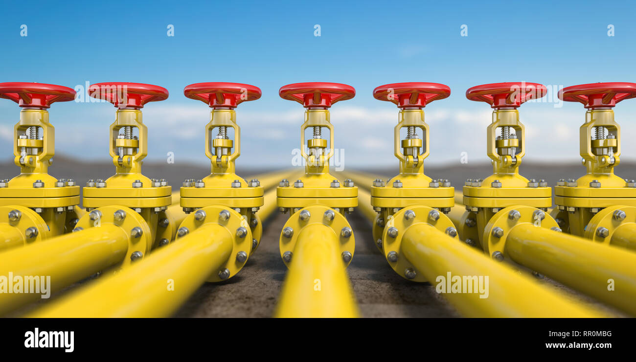 Yellow gas pipe line valves. Oil and gas extraction, production  and transportation industrial background. 3d illustration Stock Photo