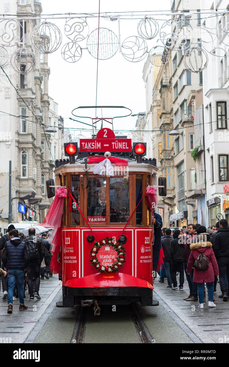 Red tramway in Istiklal street of Istanbul, Turkey Stock Photo