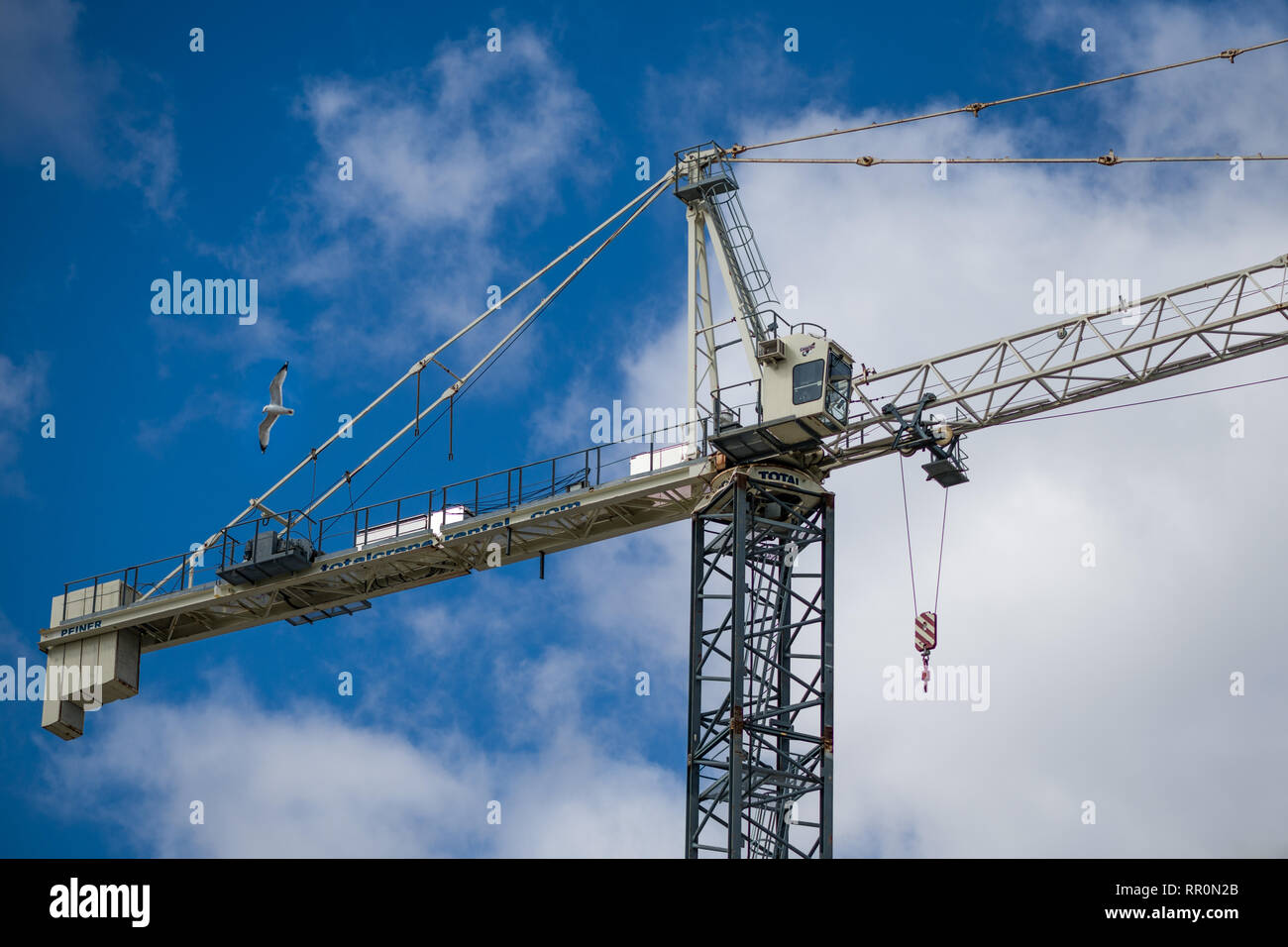 Construction crane against white and blue sky, with seagull / bird, near the Brant St Pier in Burlington, Ontario, Canada. Stock Photo