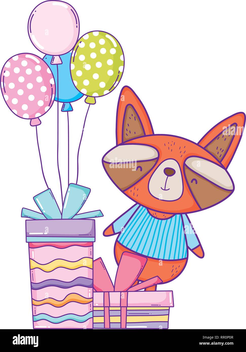 cute and little raccoon with balloons and gifts Stock Vector Image ...