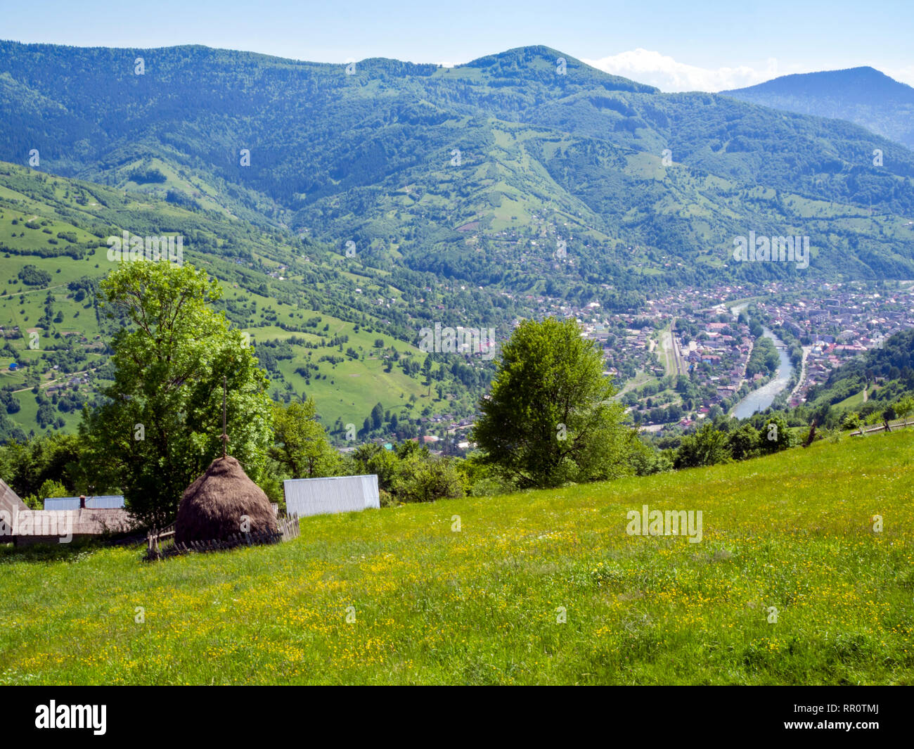View over the town of Rakhiv in the Carpathian Mountains in Ukraine. Stock Photo