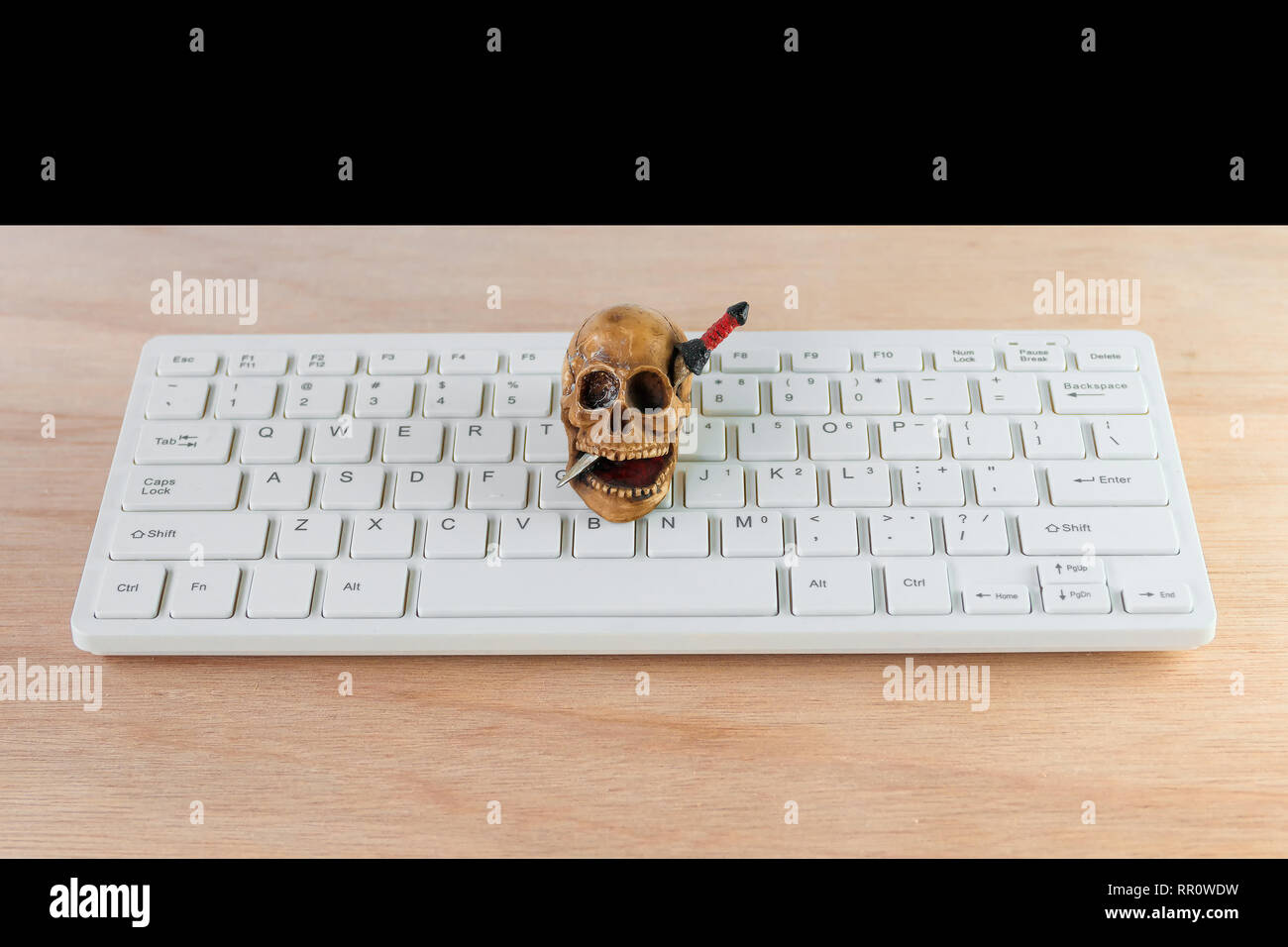 Skull On Computer Keyboard White Over Wooden Floor Halloween