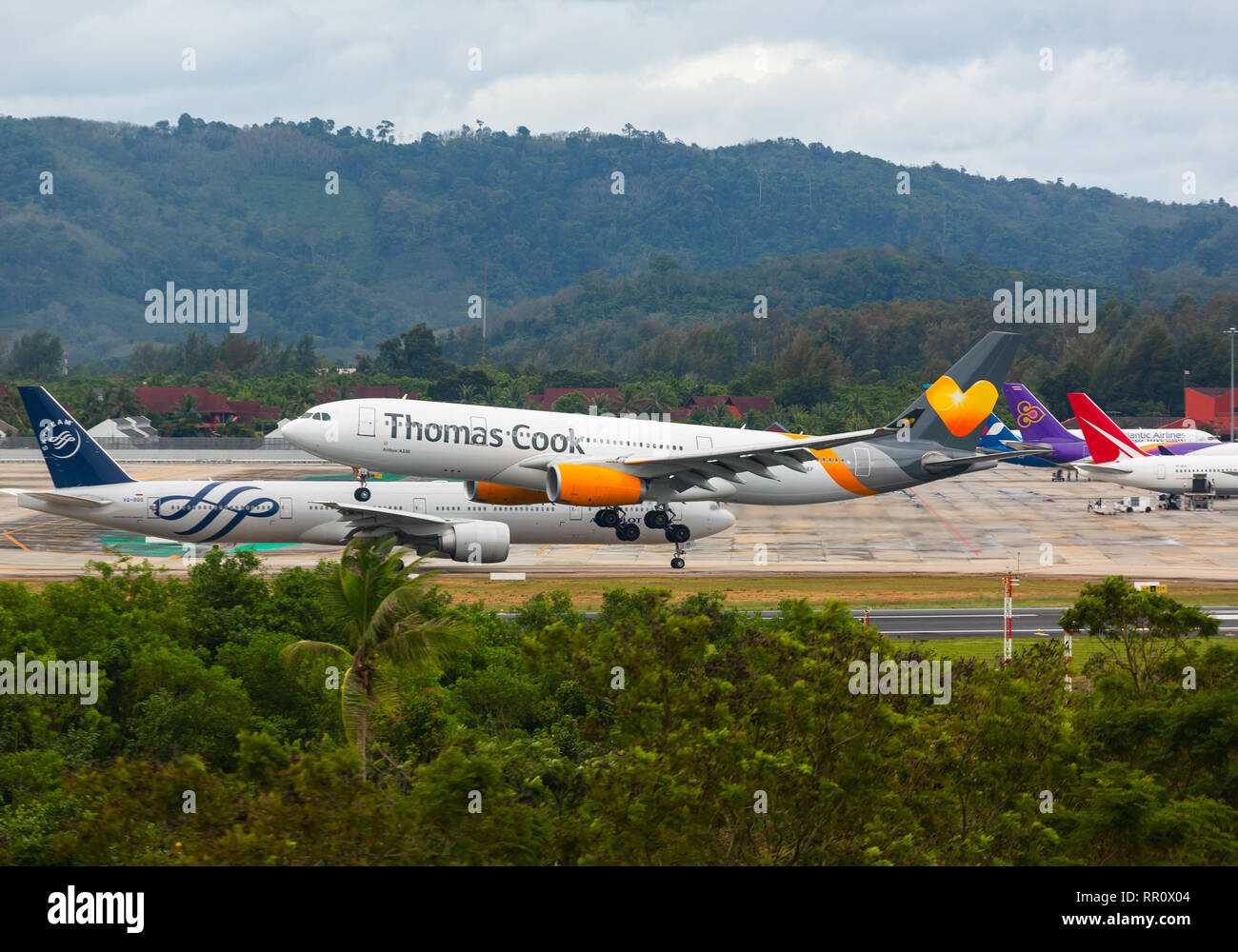 Thomas Cook lands at Phuket airport Stock Photo