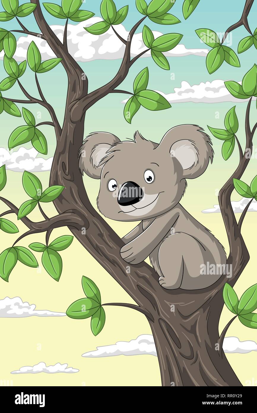 Cut koala on a tree with clouds in background Stock Vector
