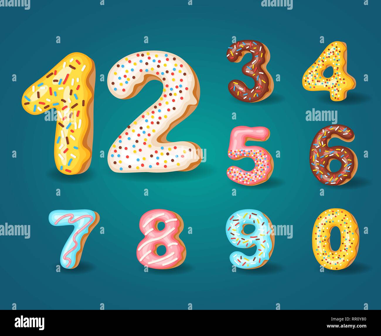 Font of donuts. Bakery sweet alphabet. Alphabet numbers Donut icing colors style 0,1,2,3,4,5,6,7,8,9 ,0. Vector illustration Stock Vector