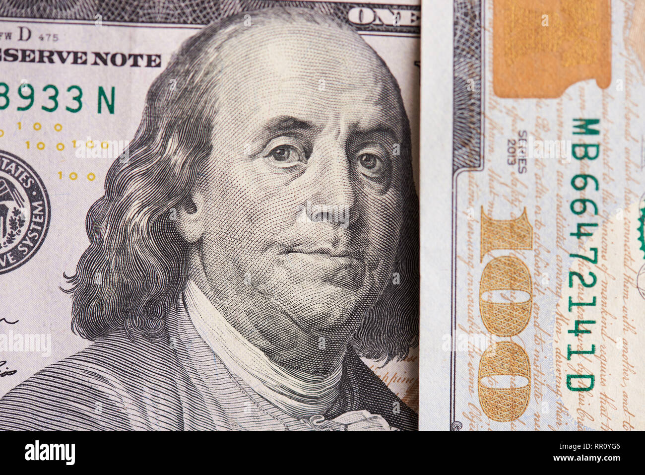 Franklin photo on 100 dollar bill close up view Stock Photo