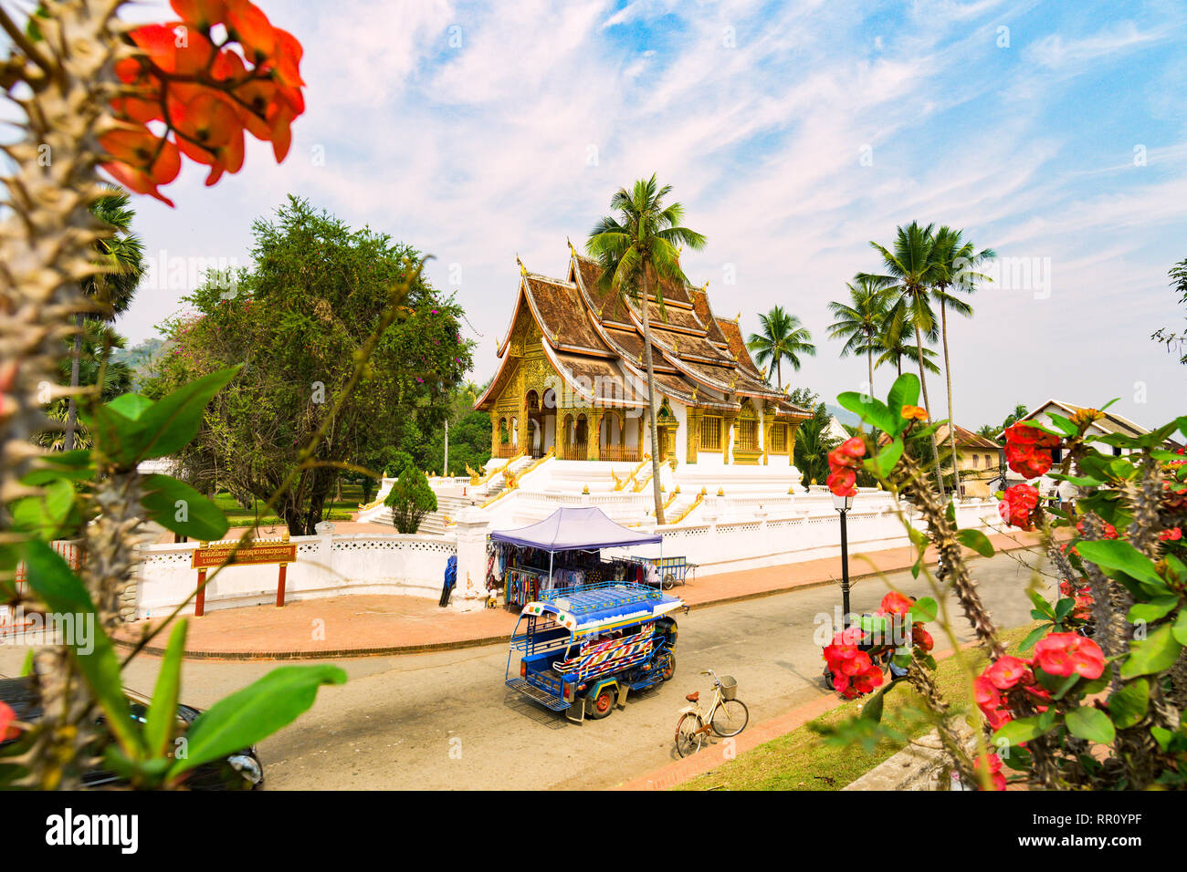 Stunning view of a tuk tuk (auto rickshaw) passing in front of the beautiful Haw Pha Bang Temple. Stock Photo