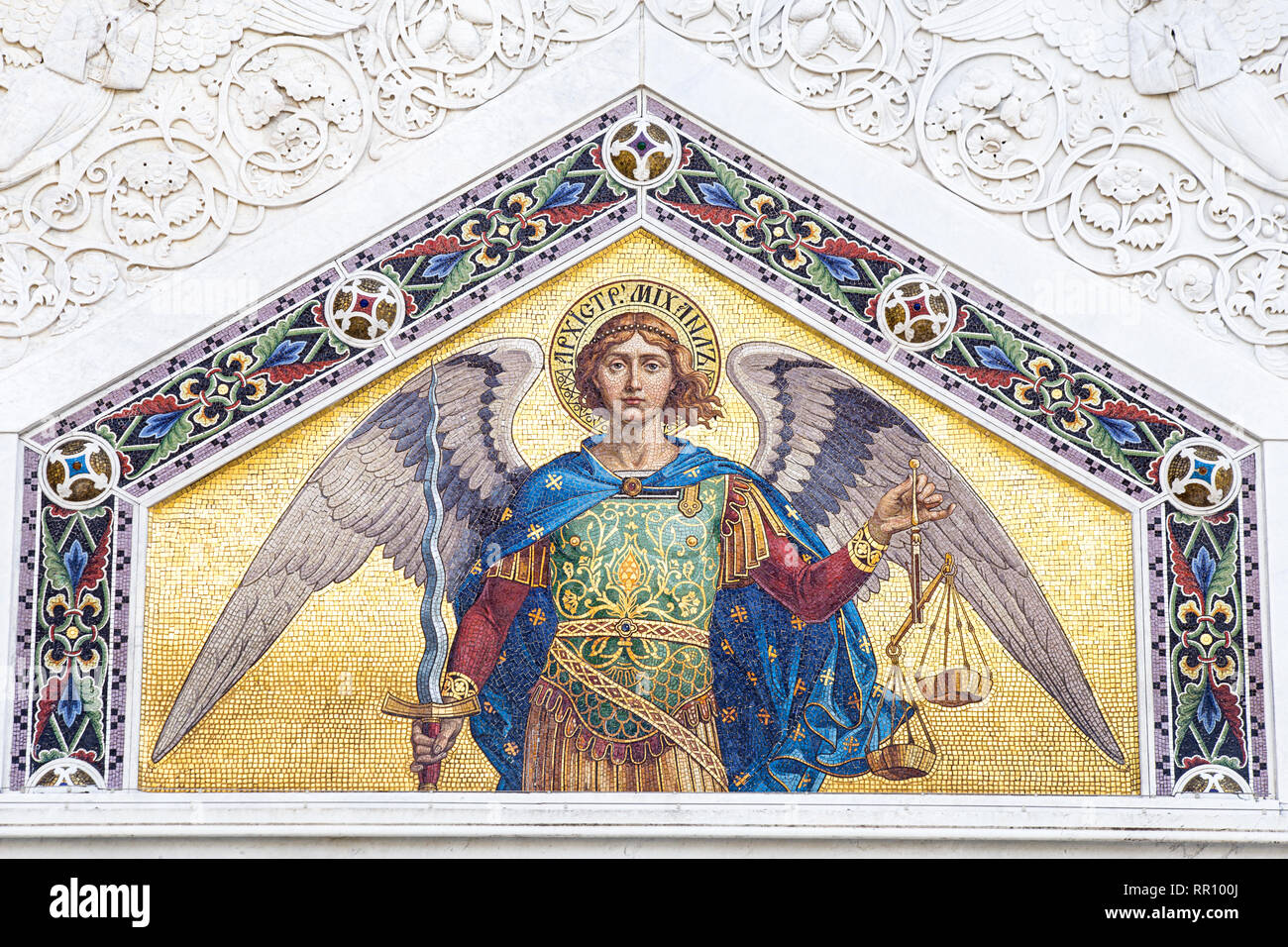 Mosaic of Saint Michael on the Serbian Orthodox Church facade in Trieste Stock Photo