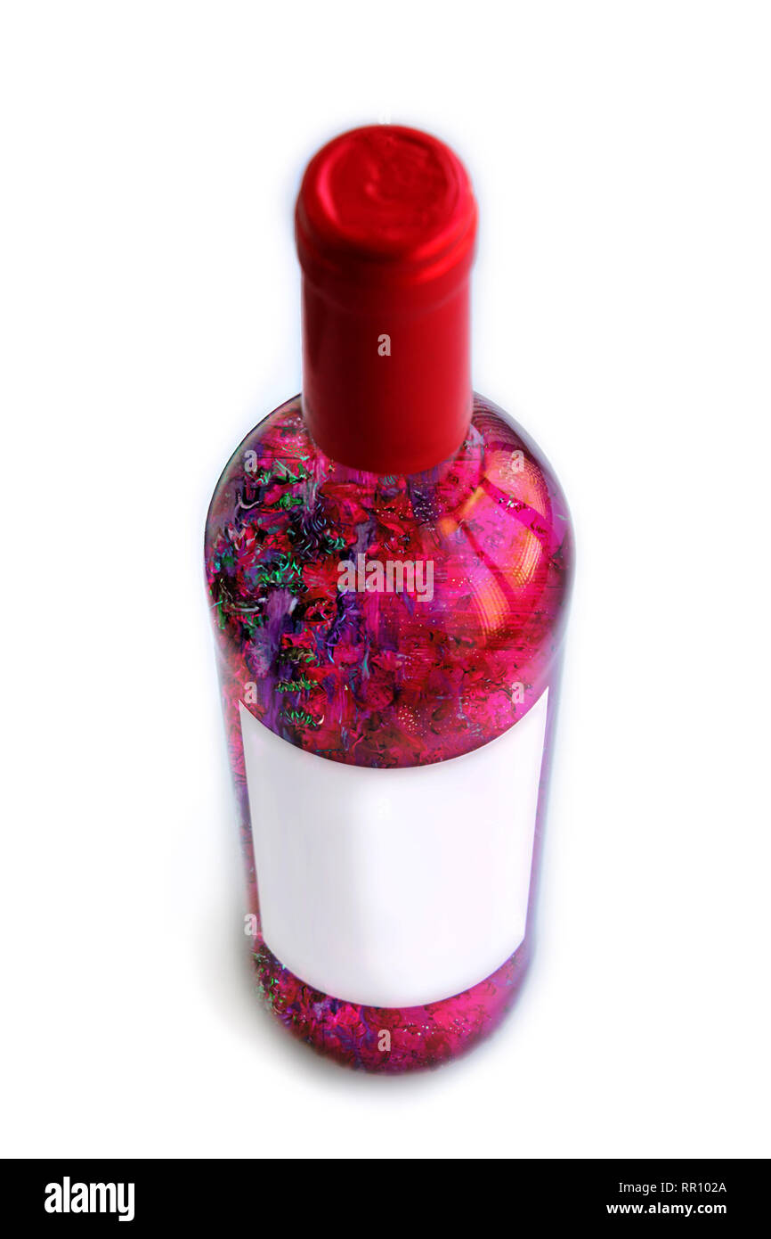 Illustration of glowing red wine bottle with white label, isolated on a white background Stock Photo