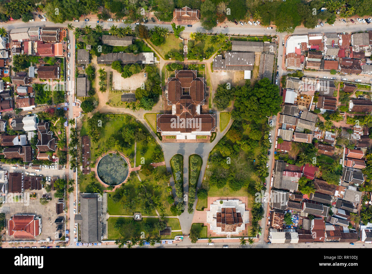 (view from above) Stunning aerial view of the beautiful Haw Pha Bang Temple and the Royal Palace National Museum in Luang Prabang, Laos. Stock Photo