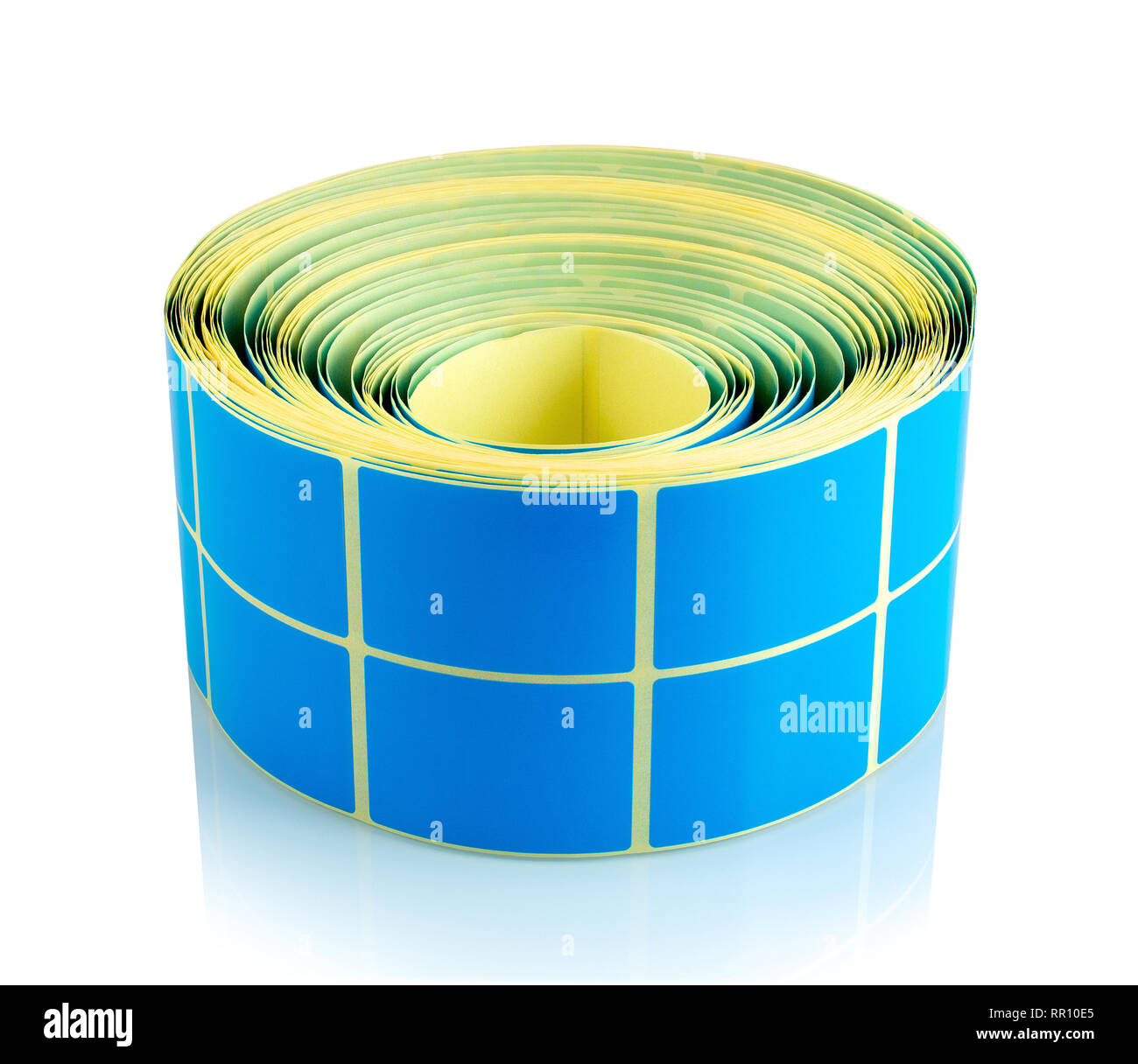 Blue label roll isolated on white background with shadow reflection