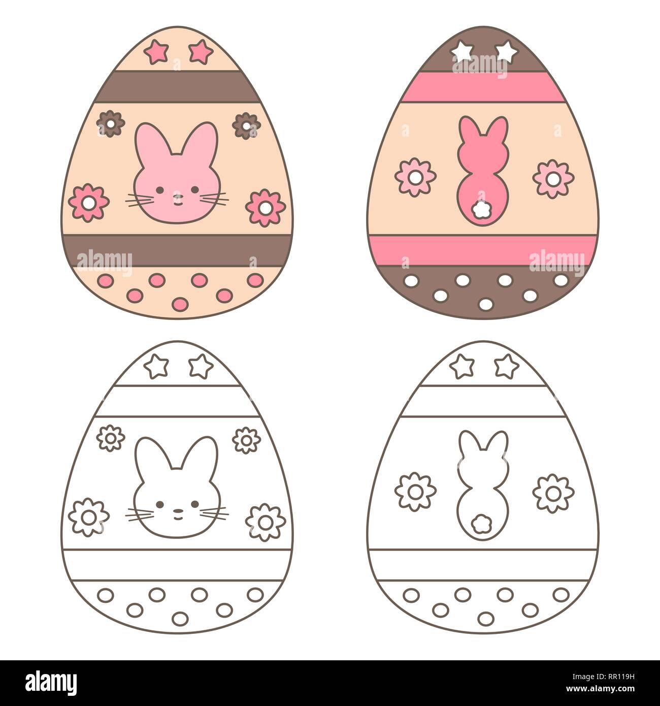 cute cartoon vector easter eggs with bunny rabbit for coloring book art ...