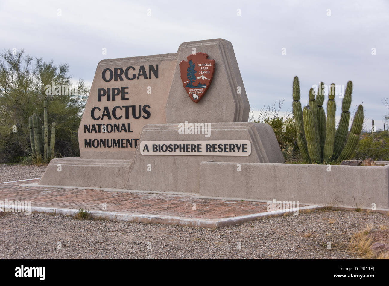 Entrance Sign for Organ Pipe Cactus National Monument and Biosphere Reserve near Lukeville, South Central Arizona Stock Photo