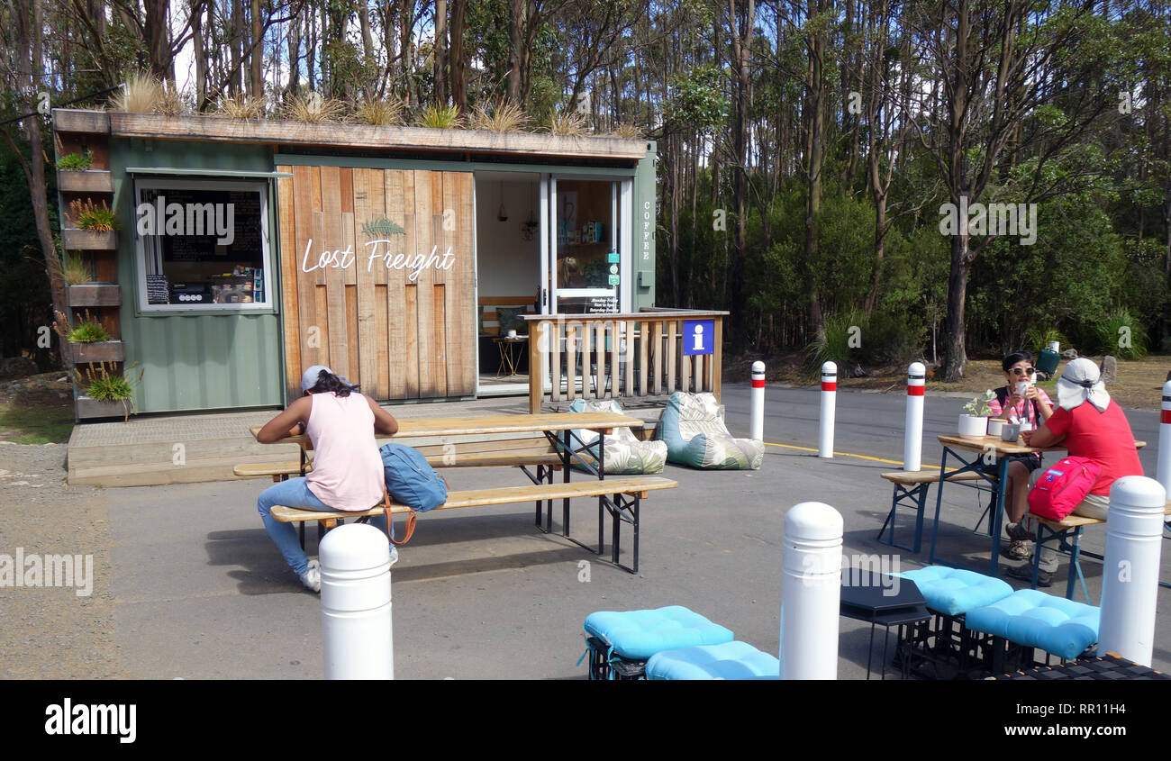 Lost Freight cafe (made out of a shipping container) at Spring Valley on the slopes of Mt Wellington, Hobart, Tasmania, Australia. NO mr OR PR Stock Photo