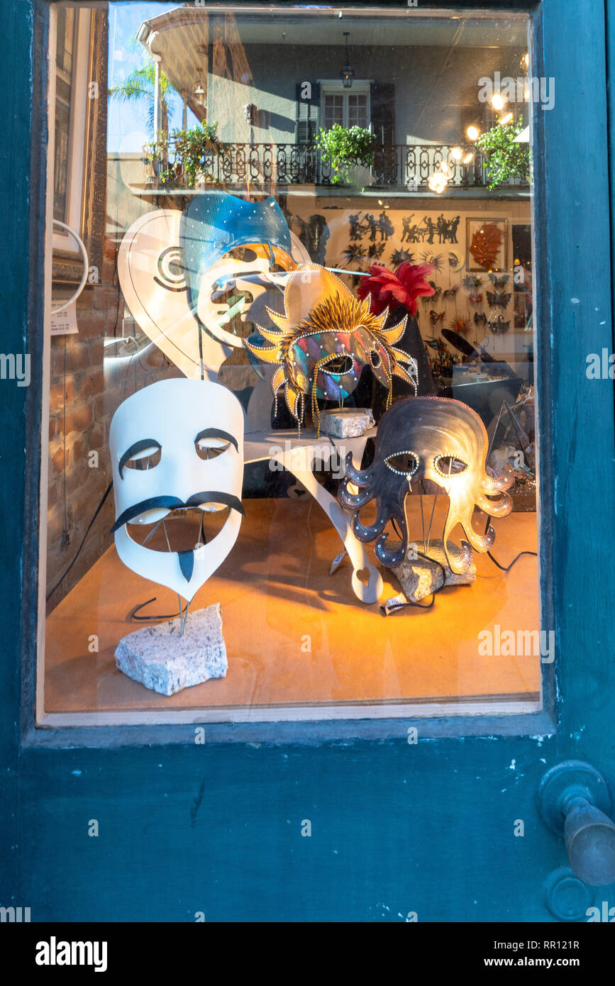 Mardi Gras Masks in store window New Orleans Stock Photo