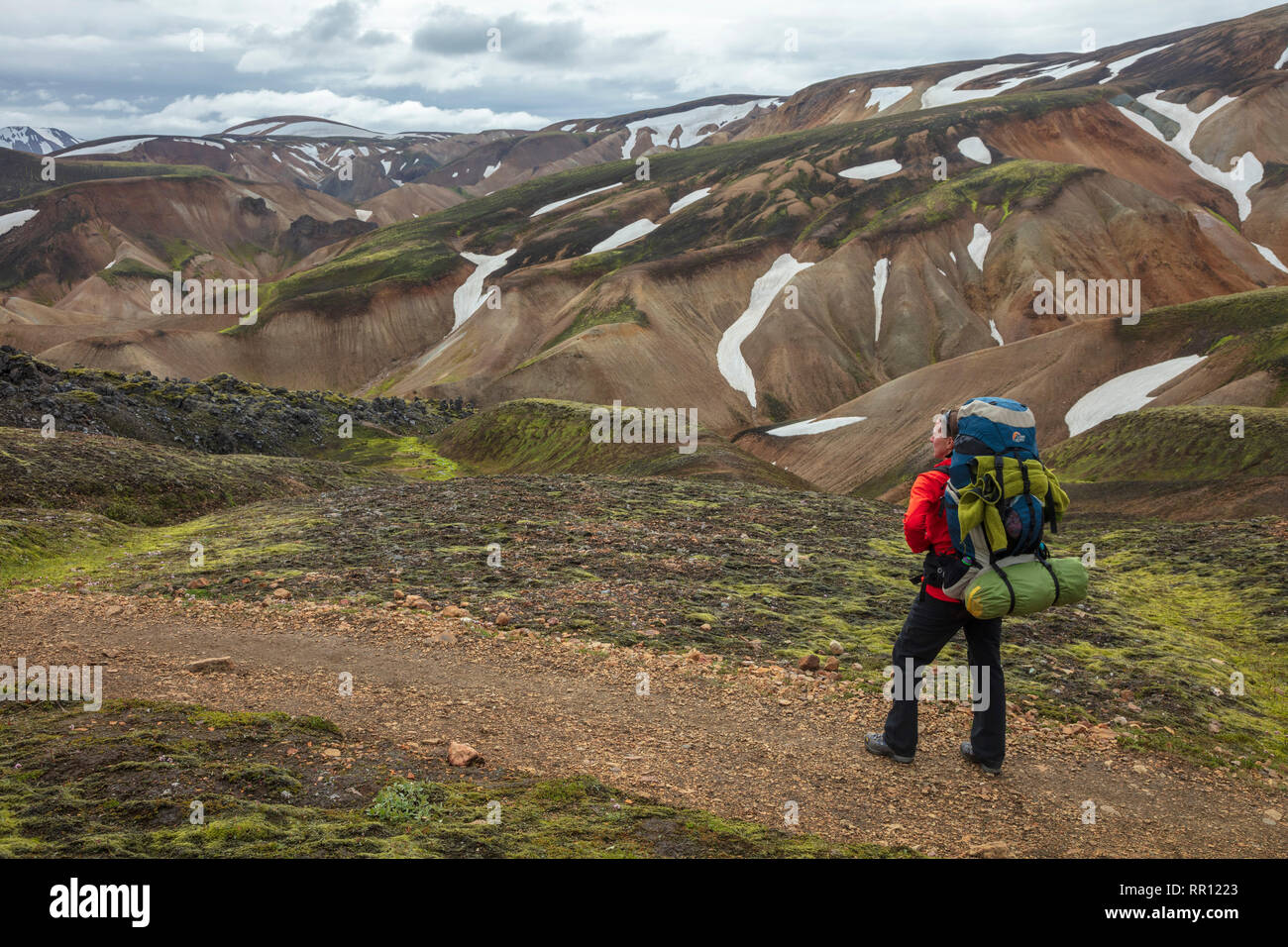 Hiker on the Laugavegur trail near Landmannalaugar. Central Highlands, Sudhurland, Iceland. Stock Photo