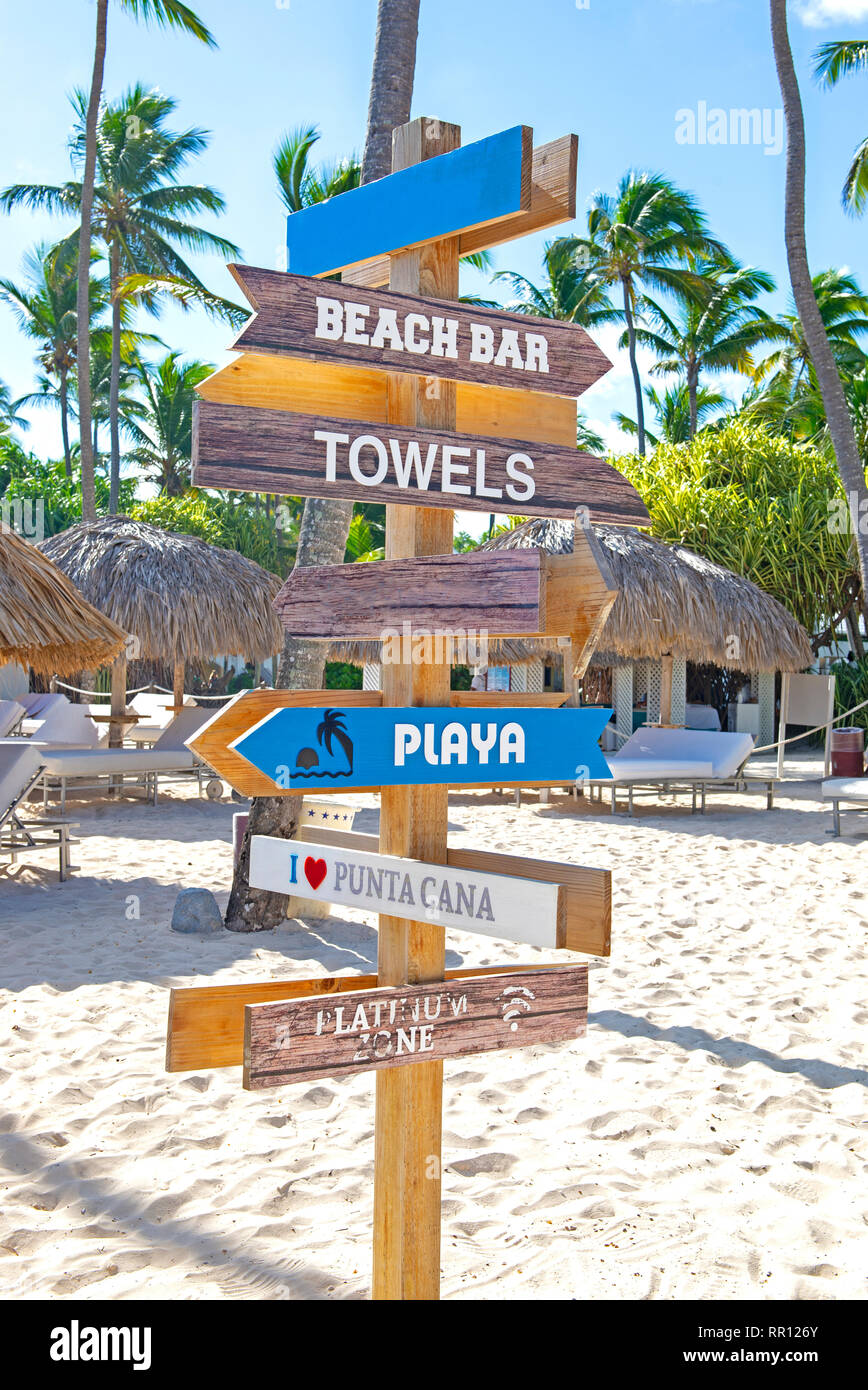 Beach signs in Punta Cana resort, a popular tourist destination in Dominican Republic Stock Photo