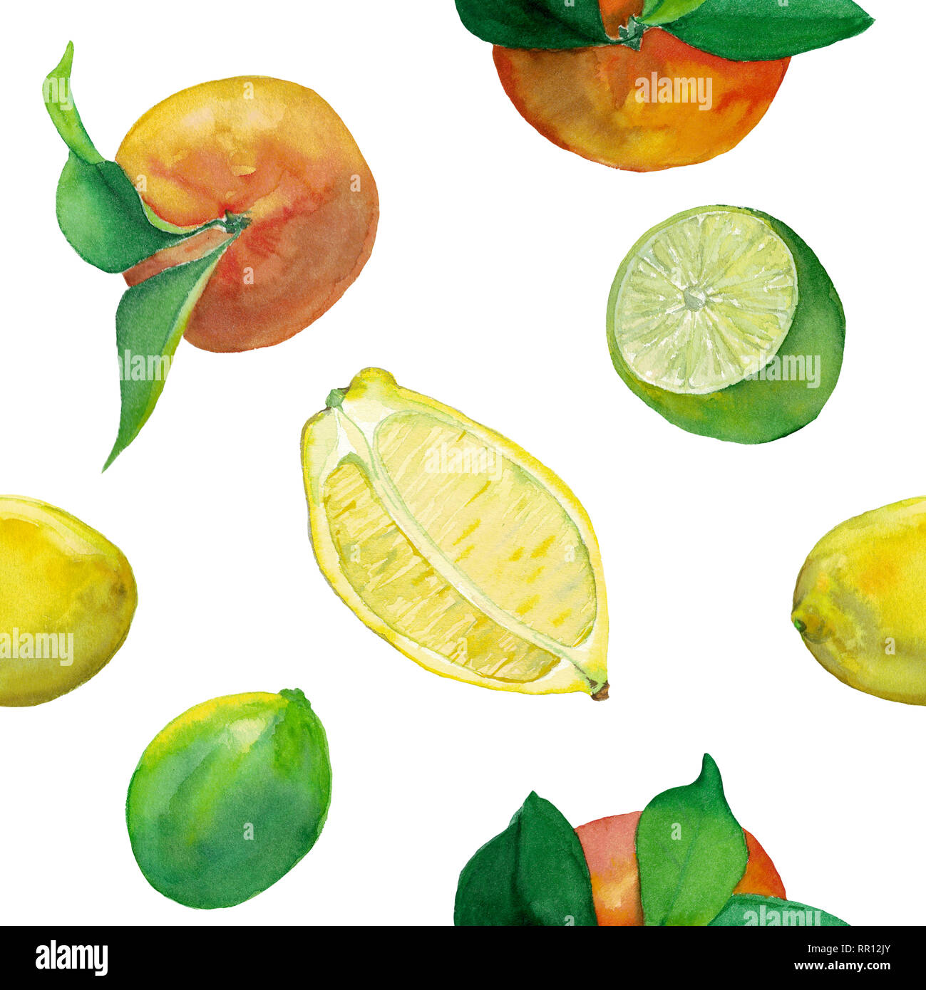 Watercolor seamless pattern of fresh citrus fruits- lemon, lime and ...