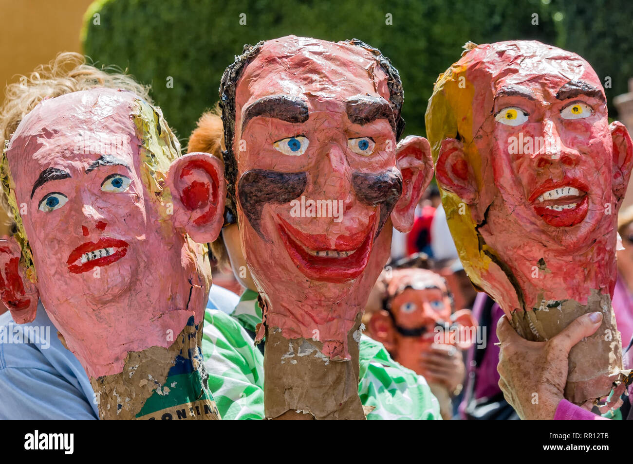 SAN MIGUEL DE ALLENDE, MEXICO-Paper mache heads collected by spectators after the Firing of the Judases, an Easter Sunday tradition Stock Photo