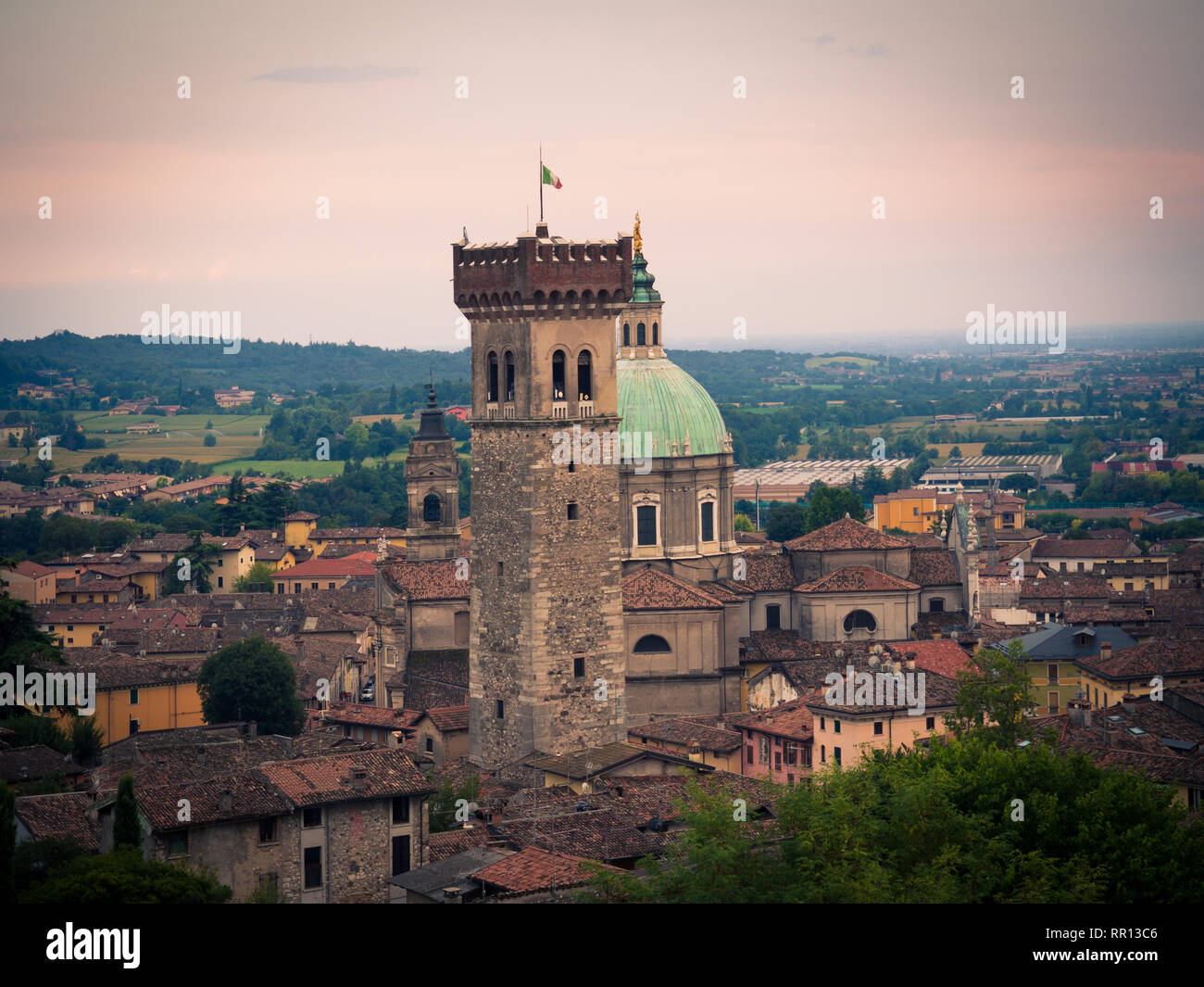 View of the medieval tower and the dome of the Cathedral in Lonato, Italy. Stock Photo