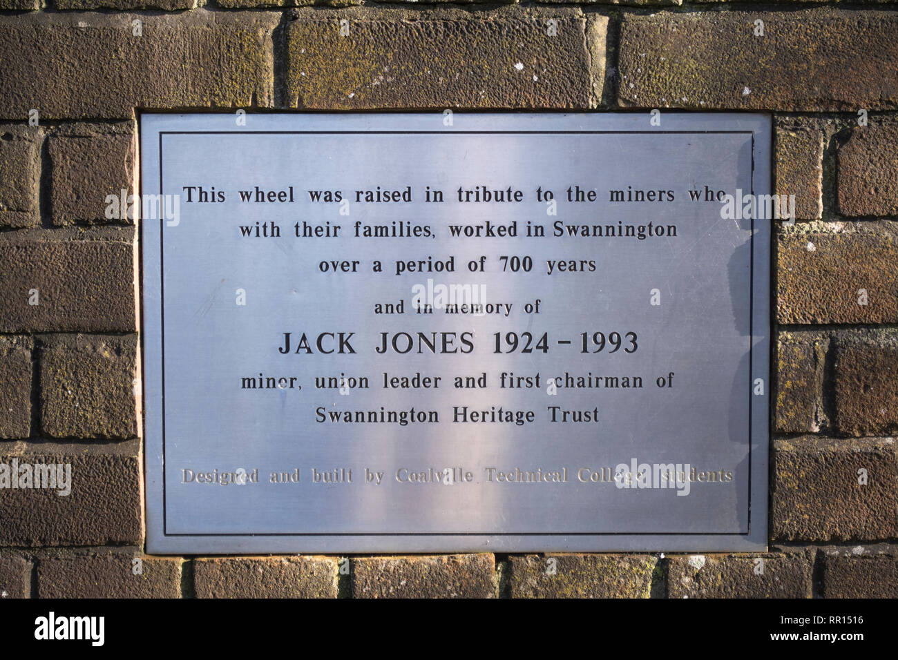 Plaque on the wheel at the Snibston No 3 Former Railway and Mine at the site of the Leicester to Swannington Railway and Swannington Incline Stock Photo