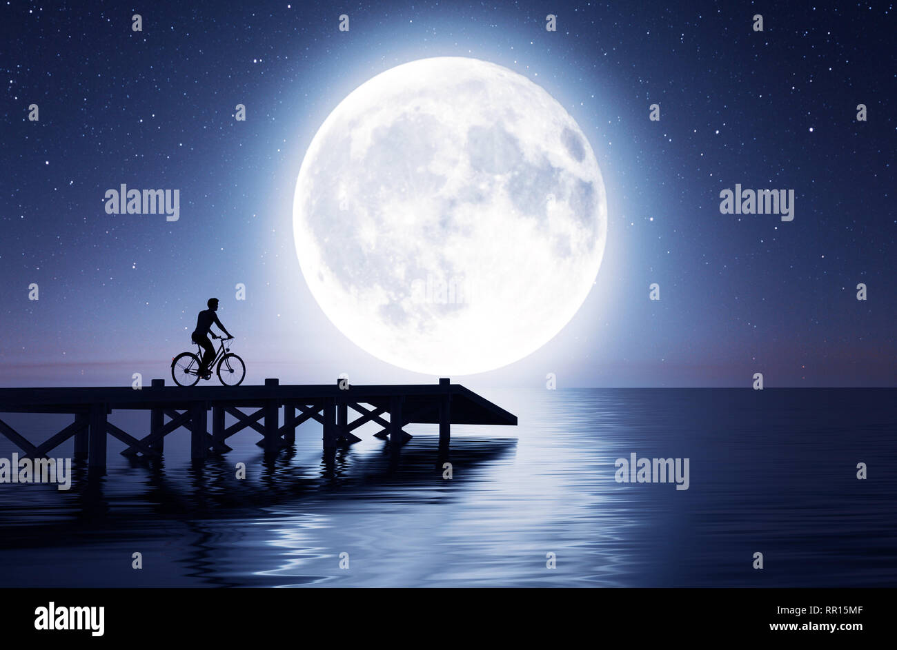 Man cycling on the bridge under the moonlight,3d rendering Stock Photo
