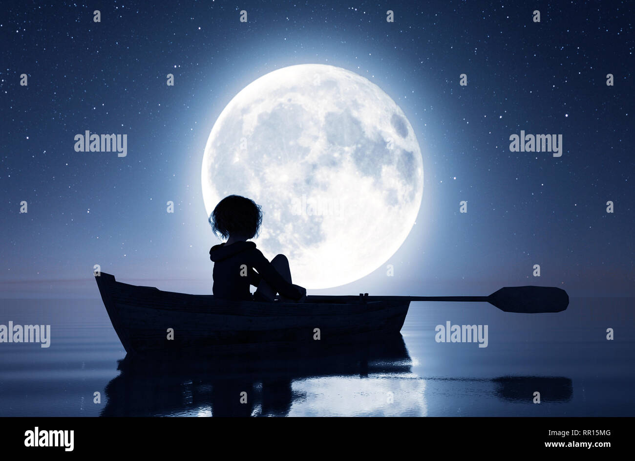 Girl On Row Boat On The Sea Under The Moonlight 3d Rendering Stock Photo Alamy